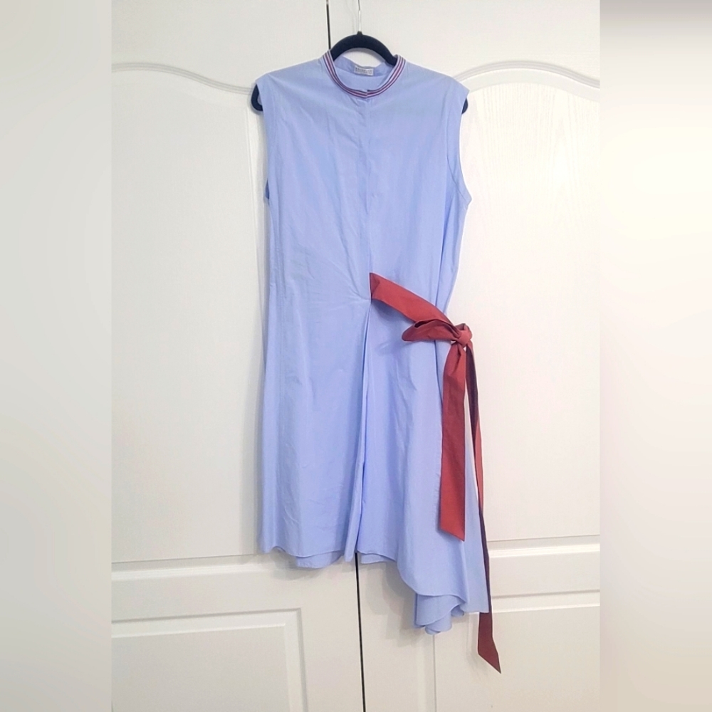 Brunello cucinelli Beaded mandarin collar blue tie Dress NWOT size XL